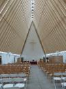 The cardboard cathedreal in Christchurch with cardboard tubes for ceiling, pulpit, screen, and cross, Dec 2015